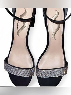 Nina black suede block heel sandals with silver rhinestone trim